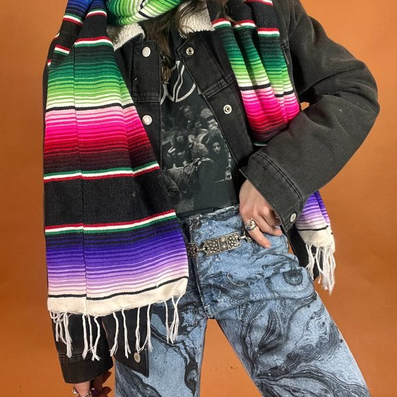 Serape Striped Oversized Scarf - Black - Handmade - One Size - Picture 2 of 5